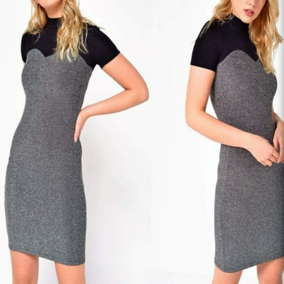 NWT Noisy May Finity Short Dress Metallic Silver & Black Fitted Short Sleeves S - Picture 1 of 14